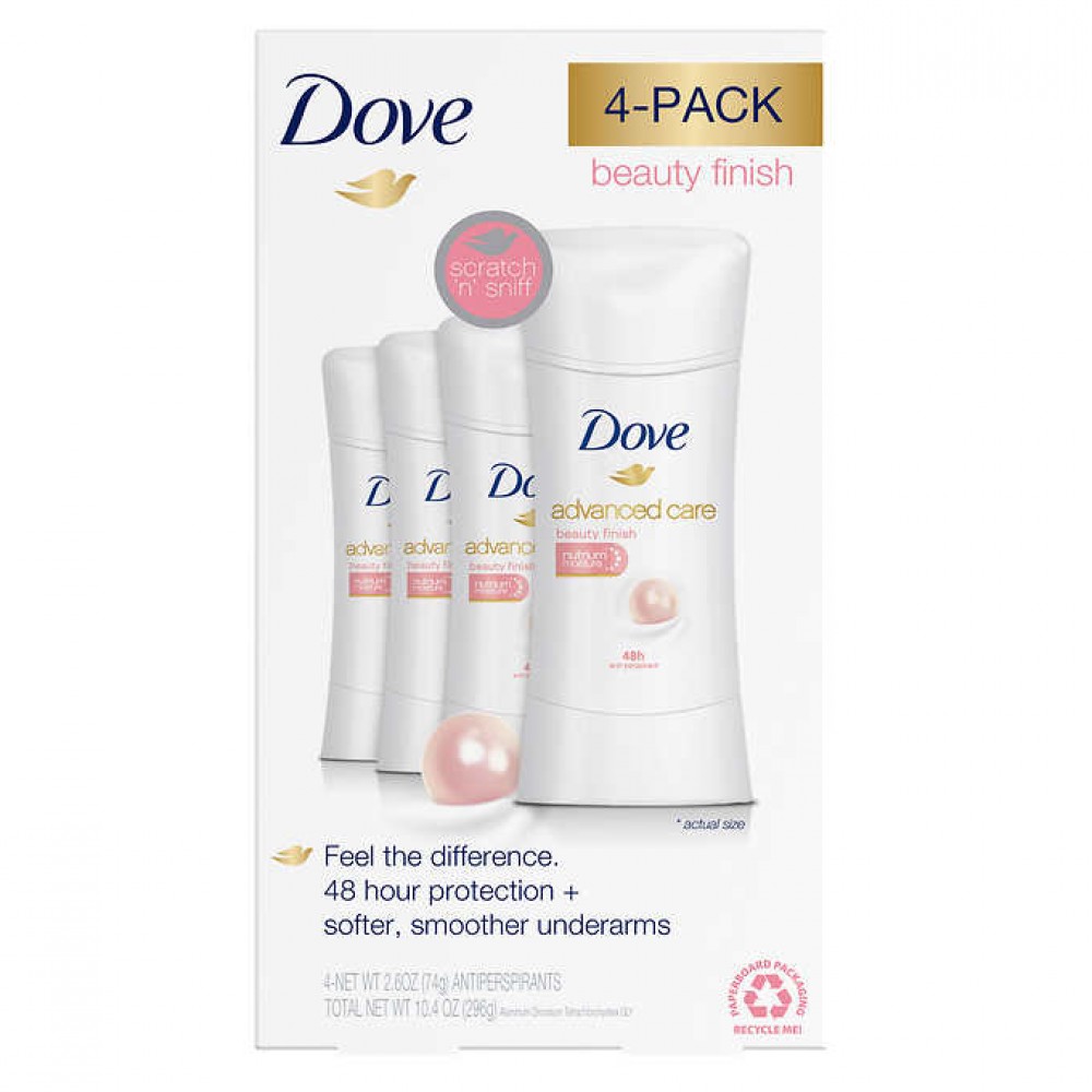Dove Advanced Care Beauty Finish Solid Antiperspirant Deodorant 2.6oz (74g), 4-pack