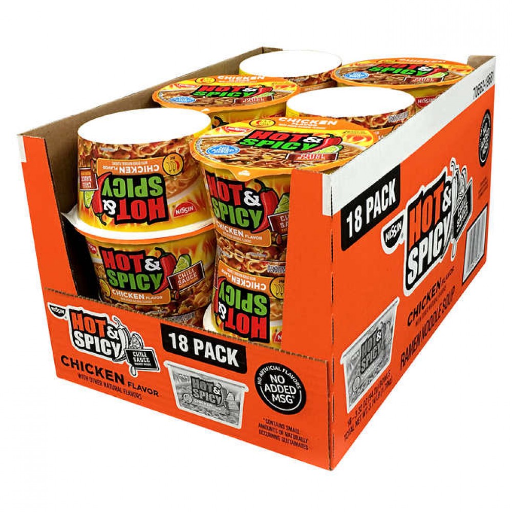 Nissin Hot & Spicy Noodle Bowl, 3.32 oz., 18-count.