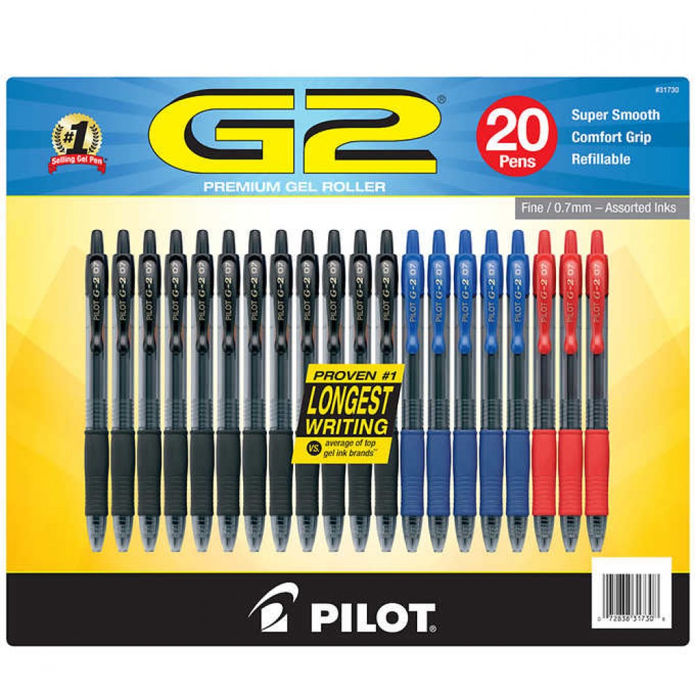 Pilot G2 Gel Pen Black Blue Red 20-pack